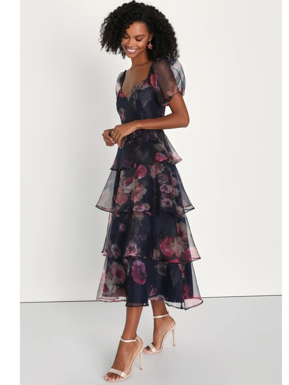 NWT Lulu’s Oh-So Stunning Navy Blue Floral Organza Tiered Midi Dress Medium - Picture 2 of 3